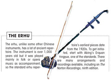 The erhu, unlike some other Chinese 
instruments, has a lot of ancient repertoire. The instrument is over 
1,000 years old but it was played mainly in folk or opera music as accompaniment, 
so the standard erhu repertoires earliest pieces date from the 1920s. 
To get initiated, start with Abings Erquan Yingyue, one of the standards. 
There are many arrangements and recordings available, including on The 
Norton Recordings, ninth edition.