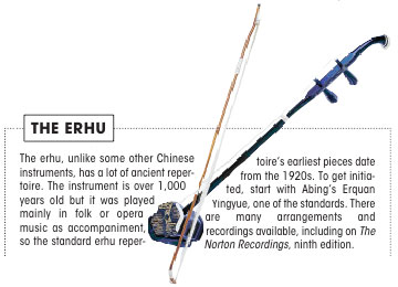 The erhu, unlike some other Chinese
instruments, has a lot of ancient repertoire. The instrument is over
1,000 years old but it was played mainly in folk or opera music as accompaniment,
so the standard erhu repertoire’s earliest pieces date from the 1920s.
To get initiated, start with Abing’s Erquan Yingyue, one of the standards.
There are many arrangements and recordings available, including on The
Norton Recordings, ninth edition.