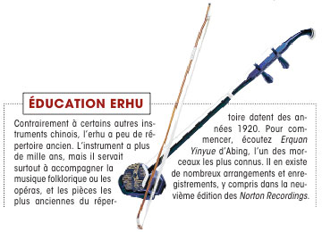 Contrairement  certains autres 
instruments chinois, lerhu a peu de rpertoire ancien. Linstrument 
a plus de mille ans, mais il servait surtout  accompagner la musique 
folklorique ou les opras, et les pices les plus anciennes du rpertoire 
datent des annes 1920. Pour commencer, coutez Erquan Yinyue dAbing, 
lun des morceaux les plus connus. Il en existe de nombreux arrangements 
et enregistrements, y compris dans la neuvime dition des Norton 
Recordings.