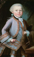 The Boy Mozart depicts W. A. Mozart at the age of six in a painting commissioned by his father in 1763. Artist anonymous, possibly by Pietro Antonio Lorenzoni.