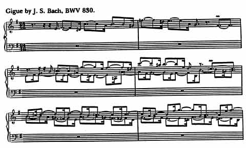Ferguson transcribes the first few measures of Bach's gigue...